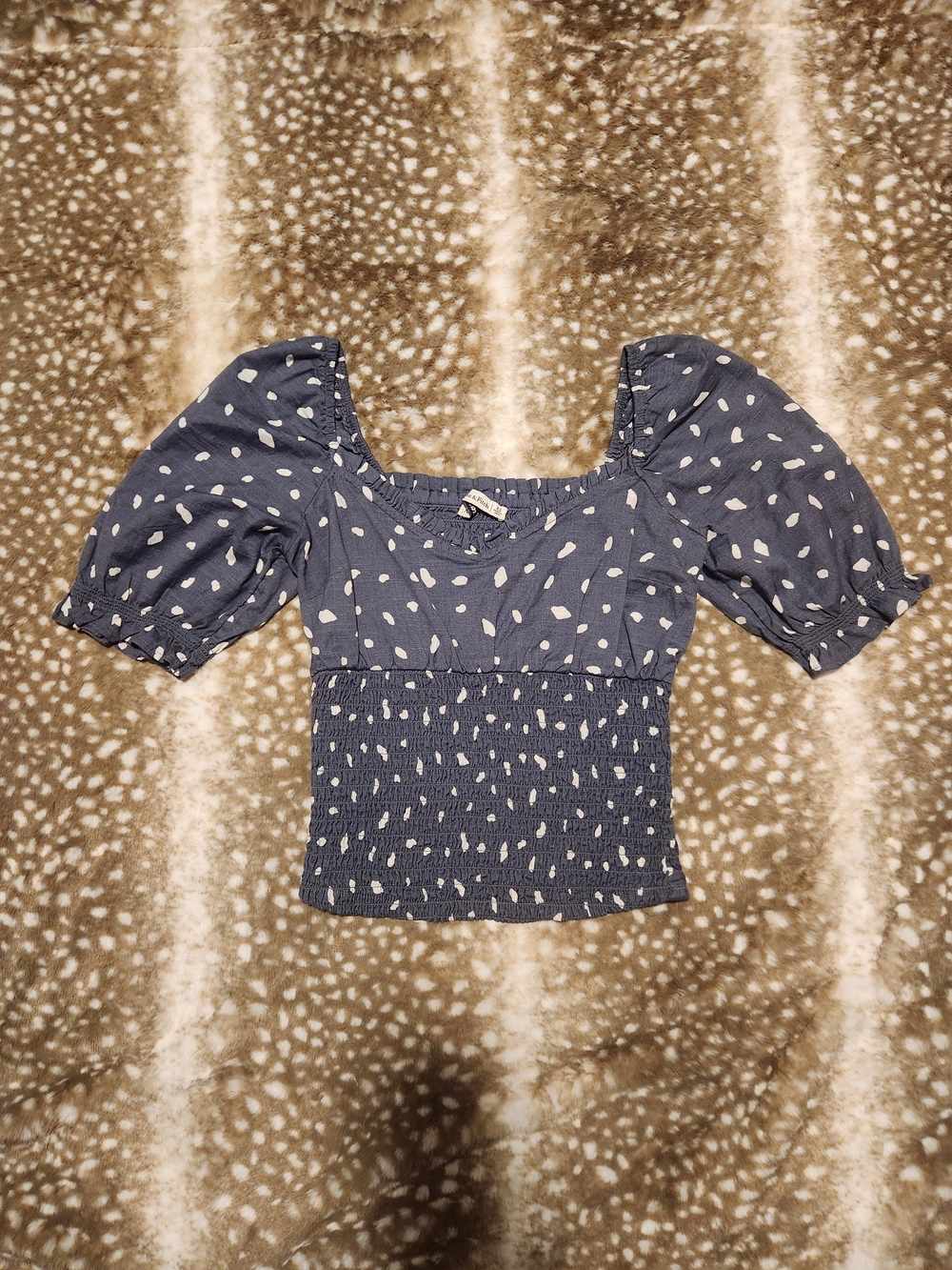 Abercrombie & Fitch Navy Blue Puff-Sleeve Smocked Crop Top Poka Dot